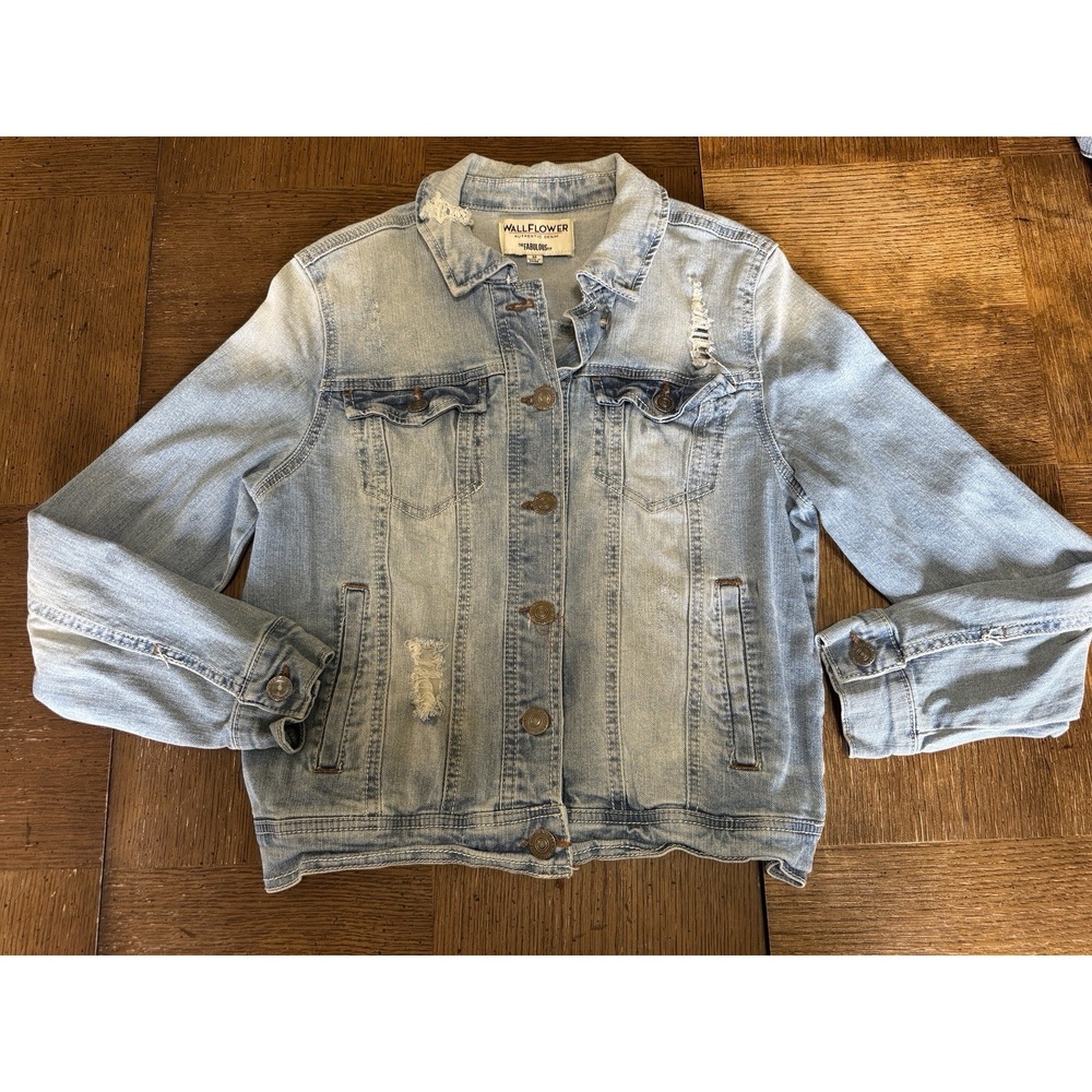 Wallflower Denim Jacket Women's Size M Cropped Distressed Fits Small